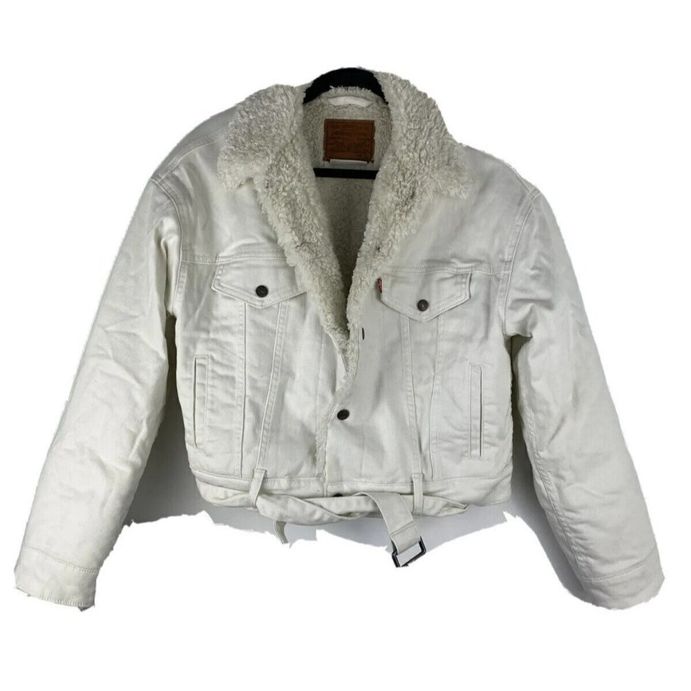 Levis Premium Womens Denim Jacket Size S White Sherpa Lined Cropped Cozy Warm